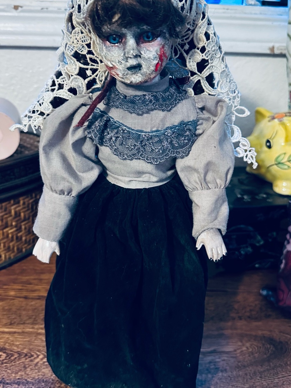 Vintage Style Black and Gray Porcelain Doll OOAK